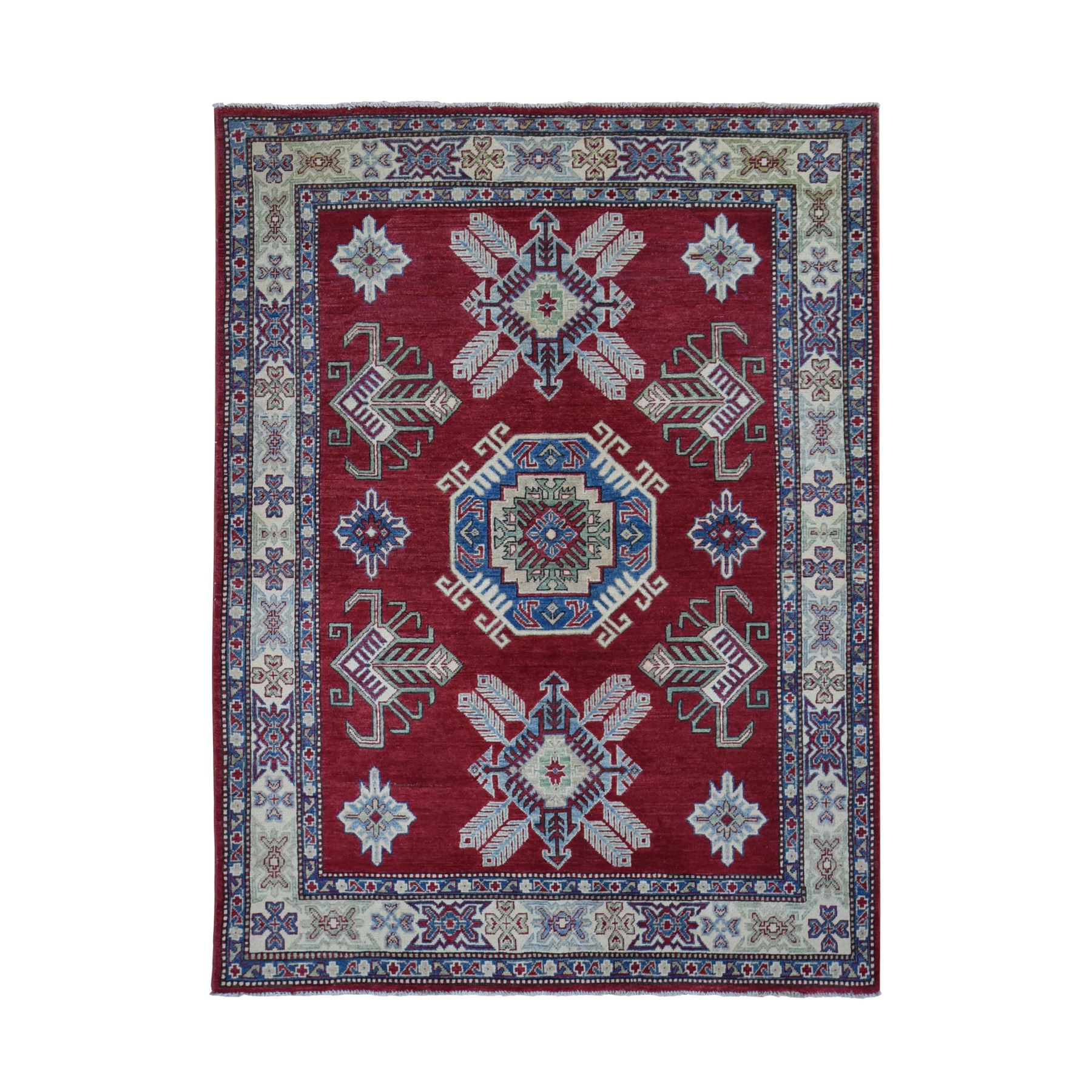 5'3"x7'1" Rich Red, Afghan Special Kazak with Geometric Design, Natural Dyes, Hand Knotted, Pure Wool Oriental Rug 